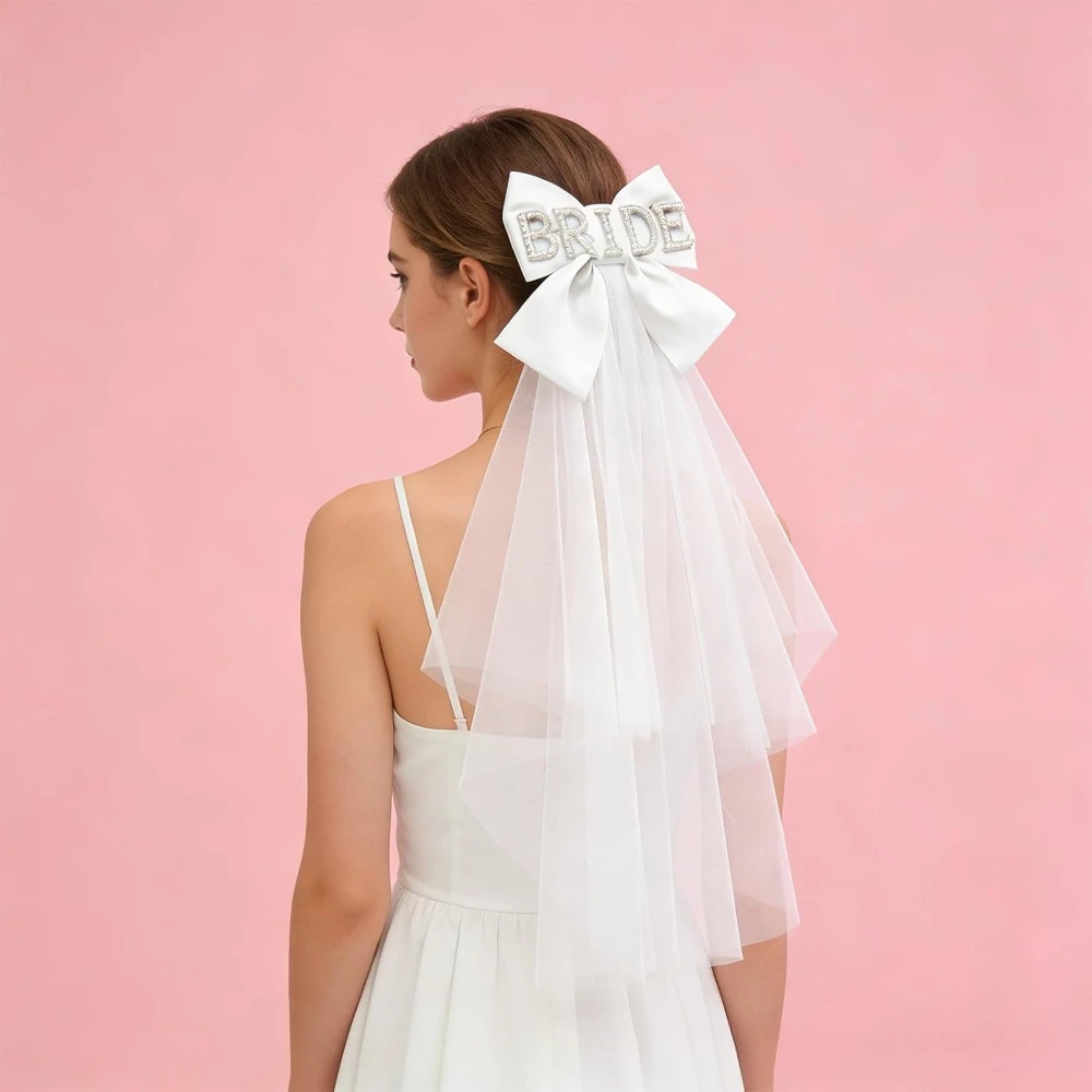 Braut-Schleier-Haarschleife für Junggesellinnenabschied, weiße Schleife, Hochzeitsschleier-Haarspange, Accessoire für Hochzeitsmorgen, für Frauen und Mädchen – Detail 1