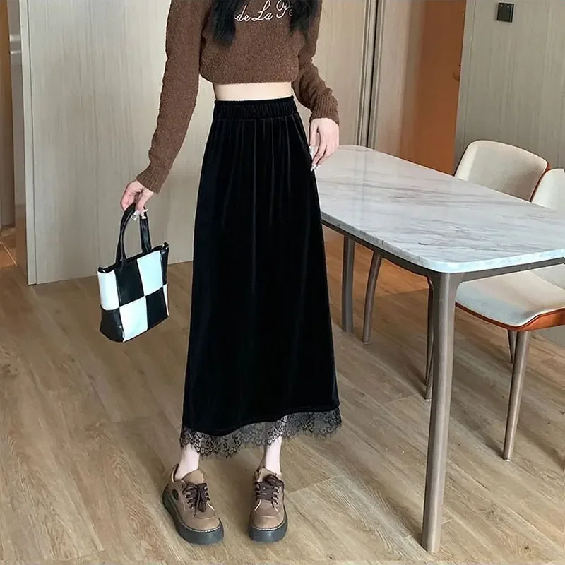Jupes mi-longues en velours Vintage en dentelle Patchwork pour femme, vêtements trapèze élastiques, couleur unie, mode basique, fendue, automne hiver