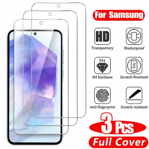 3 pz HD vetro temperato per Samsung A17 A27 A37 A57 A16 A26 A36 A56 A55 A53 A54 A35 A25 A15 protezione dello schermo Samsung Galaxy S25 S24 Ultra Screen Protector Glass S24 FE S23 S22 S21 Plus