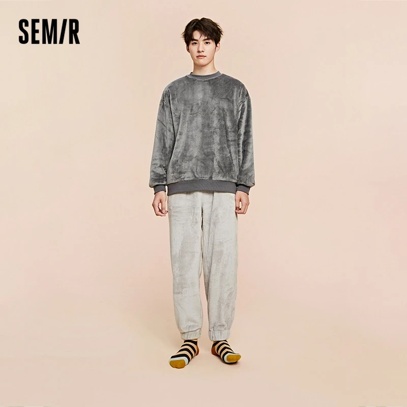 Semir Outwear Housewear Suit Men\'S Loose Flannel Plush Thickened Contrast Color Long Sleeved Trousers Lovers\' Pajamas Women