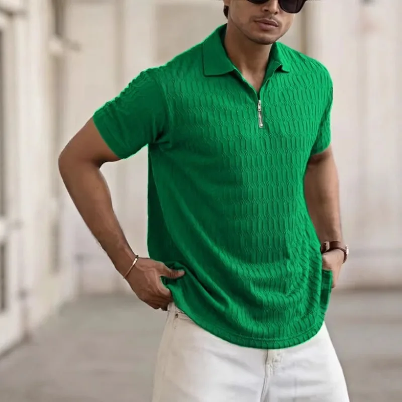 

Summer POLO Shirt Half Zipper Men's Jacquard Slim Sports Elastic Jacquard Short-sleeved Polo Shirt