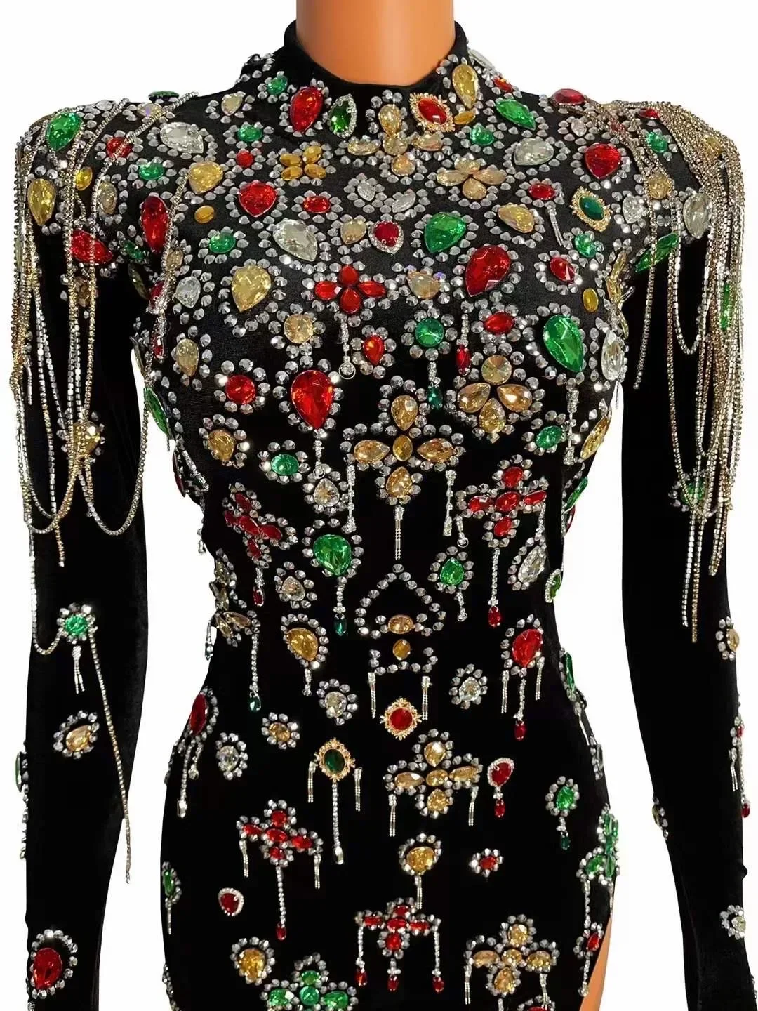 

Women Evening Sexy Chains Dance Costume Birthday Gloves Sleeves Dress Gogo Dancer Colorful Crystals Black Velvet Outfit