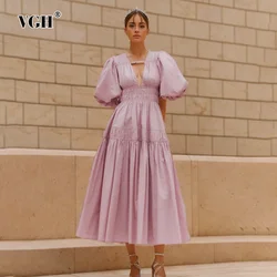 VGH Solid Hollow Out Patchwork Folds Elegant Dresses For Women V Neck Puff Sleeve High Waist Temperament Long Dress Female New