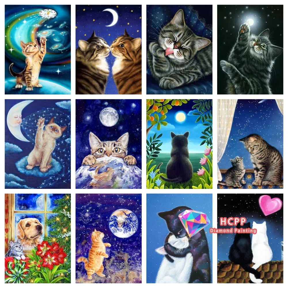 Nachtszene Katze Tier Diamant-Malerei-Set Quadratische Runde Diamanten 5D DIY Mosaik Handgemachte Kunst Einzigartiges Exquisites Geschenk Heimdekoration