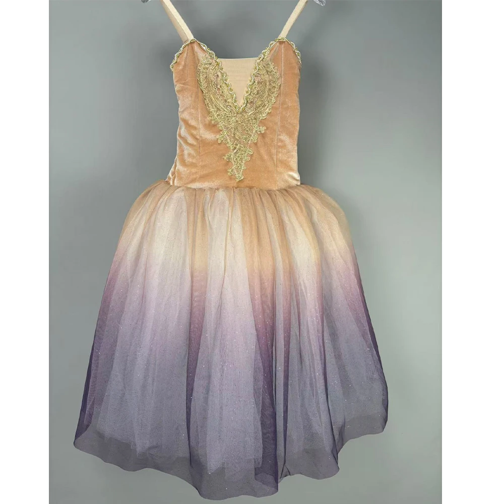 Girls Professional Ballet Dance Gradient Purple Sequin Tulle Long Tutu Skirt Women Adult Kids Ballerina Dress Romantic Tutus