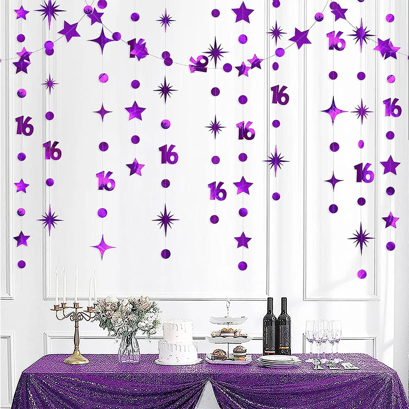 Purple Sweet 16 Birthday Anniversary Banner Decorations Number 16 Circle Twinkle Star Paper Garland Hanging Party Streamer Decor