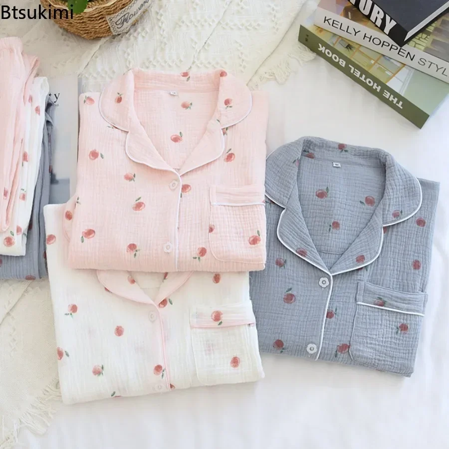 Ladies' Casual Pajama Sets 2PCS 100% Cotton Strawberry Printed Pyjamas Women Turn-down Collar Loose Sleepwear Outwear Sets 2025