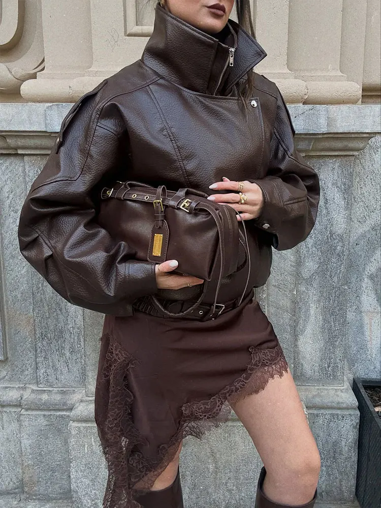 Jaqueta Feminina de Couro Sintético HH 2026, Gola Alta, Manga Longa, Casaco com Zíper, Jaqueta Vintage de Motociclista, Moda Urbana Feminina