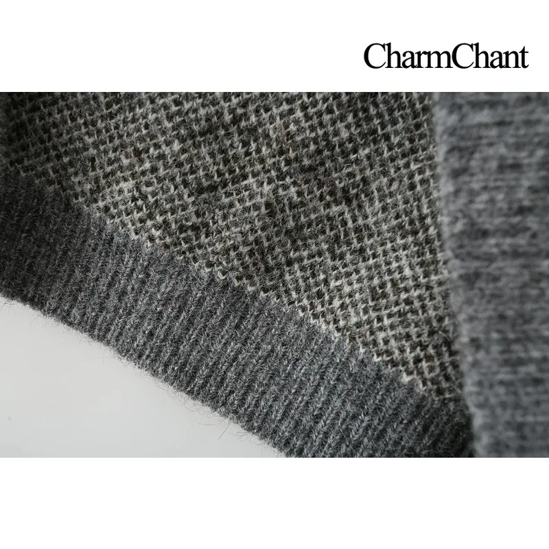 CharmChant グレー フェアアイル プリント クルーネック セーター 女性用 オーバーサイズ ダメージ加工 ニットウェア ジャンパー 長袖 トップス プルオーバー 女性用