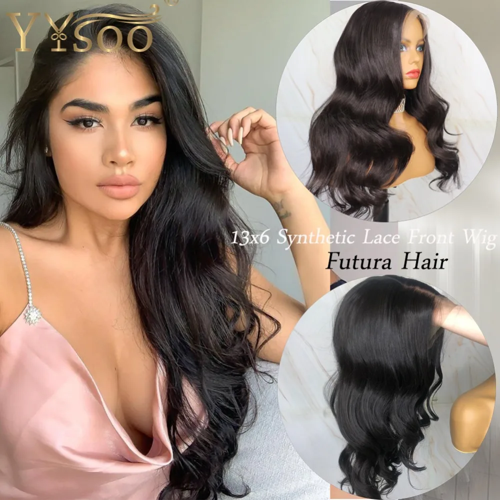 

YYsoo Long Black 13x6 Lace Front Synthetic Wigs For Women Futura Japan Heat Resistant Fiber Black Body Wave Wig Natural Hairline