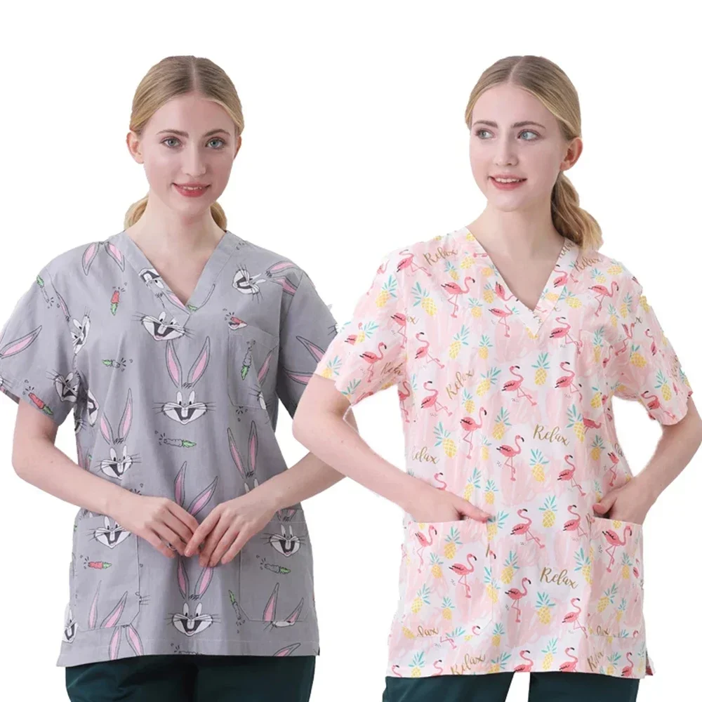 Medical Print Tops Hot Sale Nurse Uniform Women Short Sleeve V Neck Working Uniform Blouse Uniforms Nursing Scrubs Tops+Pants
