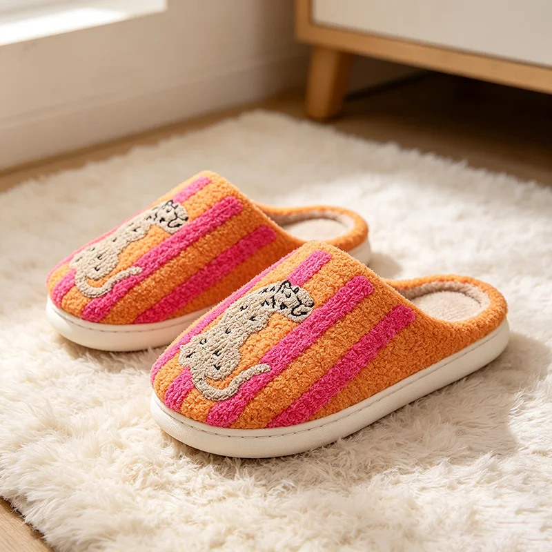 Gestreifte Leoparden-Plüsch-Hausschuhe für Damen, Winter, Innenbereich, rutschfest, bedruckt, Plüschschuhe, Paar, flauschige Fell-Slides, Unisex, Geschenkidee für Feiertage – Detail 7