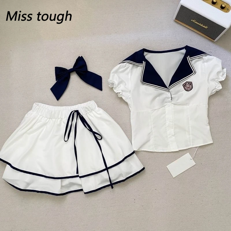 

Summer Japanese Preppy Style Women's Suit Bow Navy Collar Shirt Tops + Slimming Mini Skirt Kawaii JK Korean Fashion 2 Piece Sets