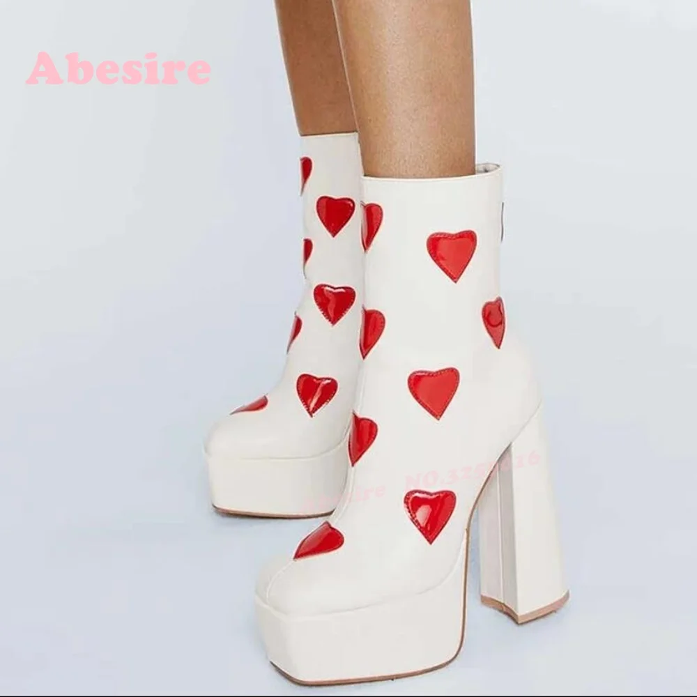 

White Block Heel Platform Ankle Boots Love-Splicing Heart Round Toe Side Zipper Women's Short Booties Patchwork Winter 2025 New