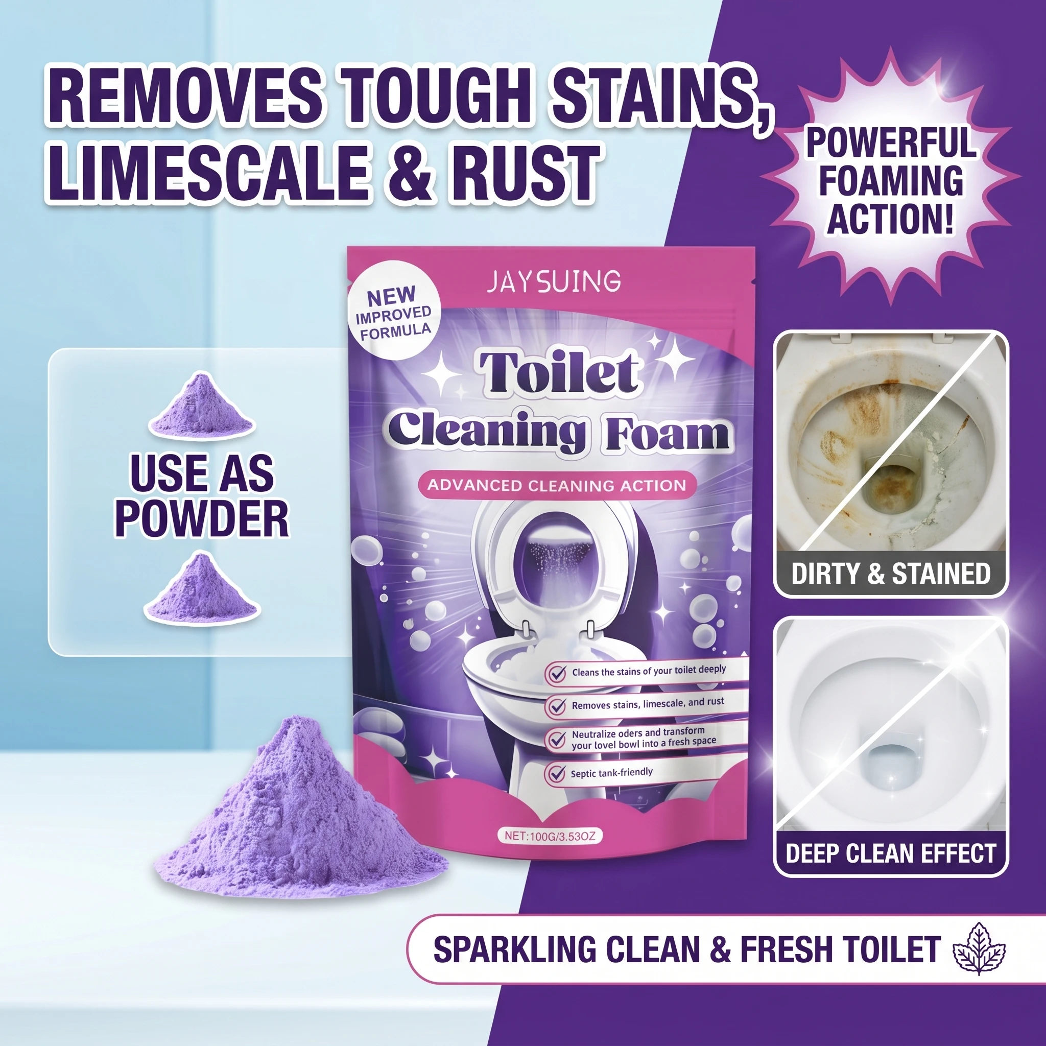 Toilet Bowl Cleaning Powder Stain Odor Eliminator Bathroom Cleaner Deodorizing Descaling Aromatic Household Powder Sachet Pack