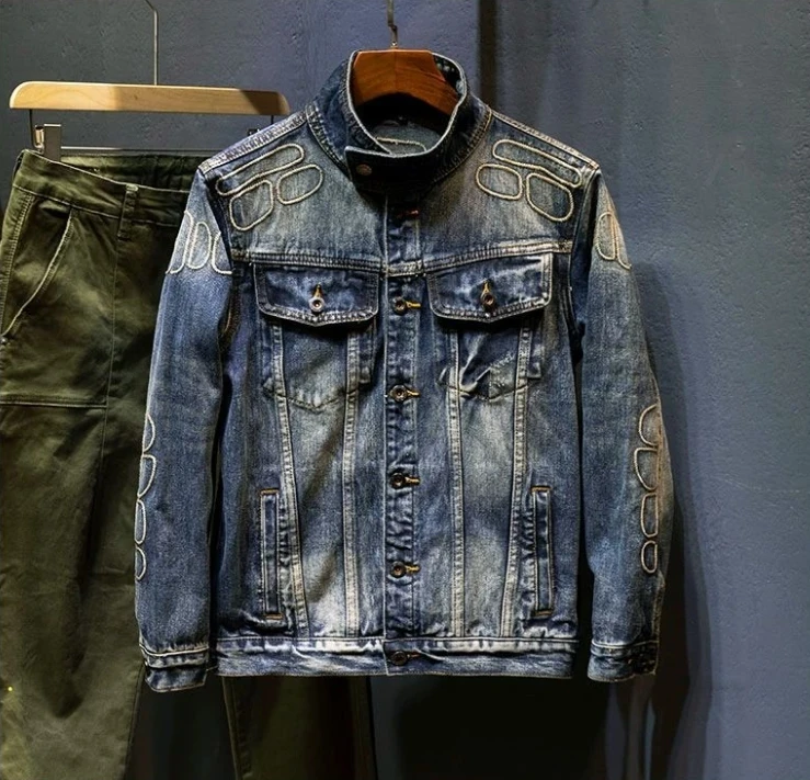 

American Motorcycle Stand Collar Denim Jacket For Men Spring Autumn Large Embroidered Tough Guy Cool Wear-resistant Jacket Top