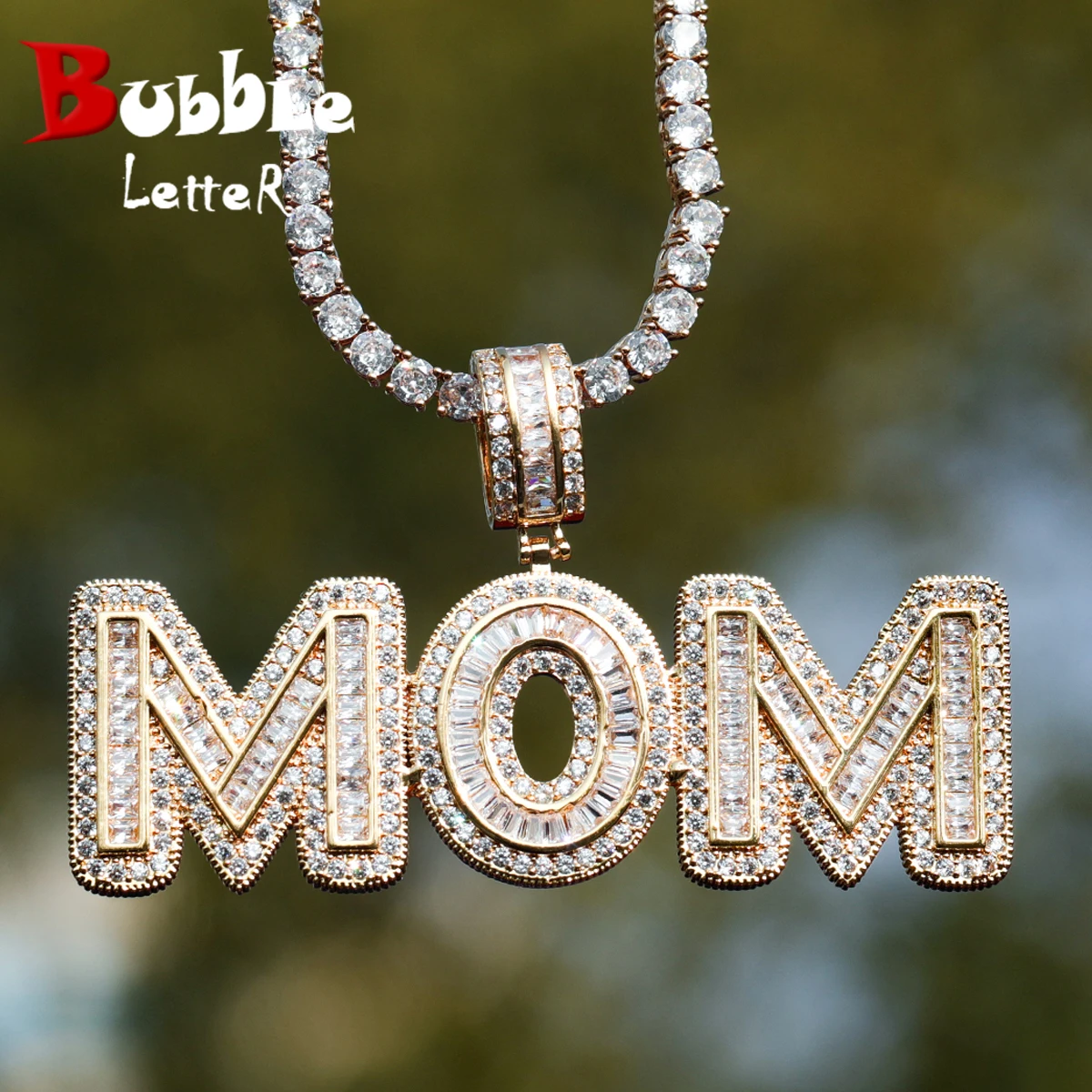 Bubble Letter Custom Name Necklace for Men Baguette Personazlied Pendant Real Gold Plated Hip Hop Jewelry