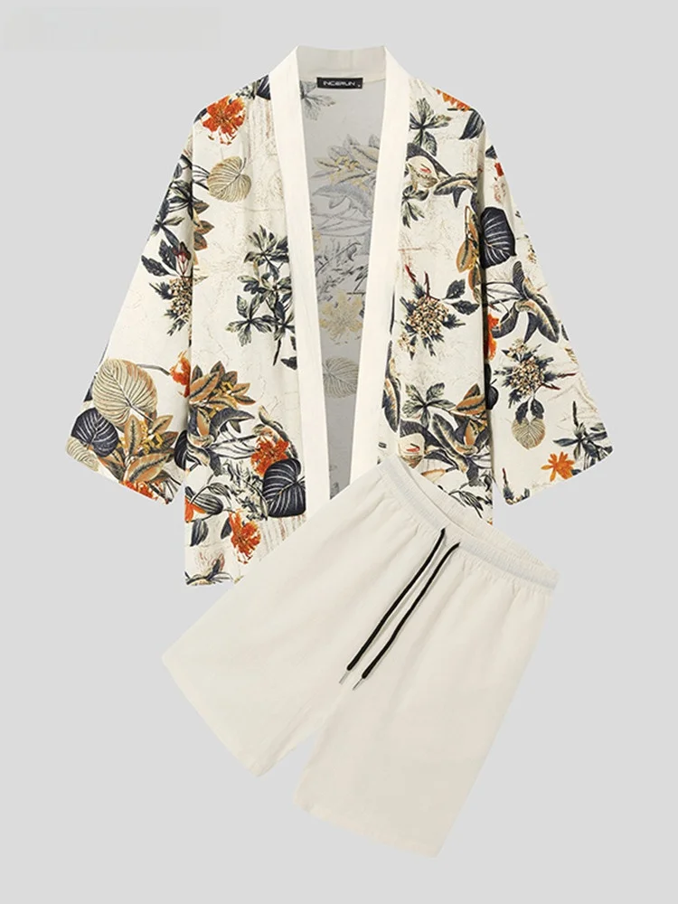 Men's Retro Half Sleeve Open Stitch Shirt Kimono Printing Sets Super Slim Fit Youthful Trend Nine-Quarter Sleeve Henry Collar