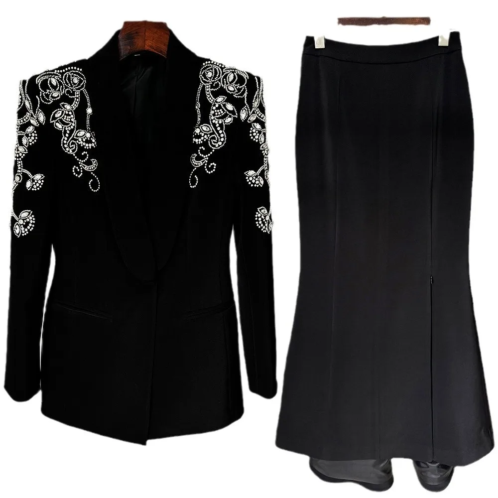 

New European and American Star Fashion Heavy Industry Diamond Beaded Blazer, Open Fork Fish Tail Dress