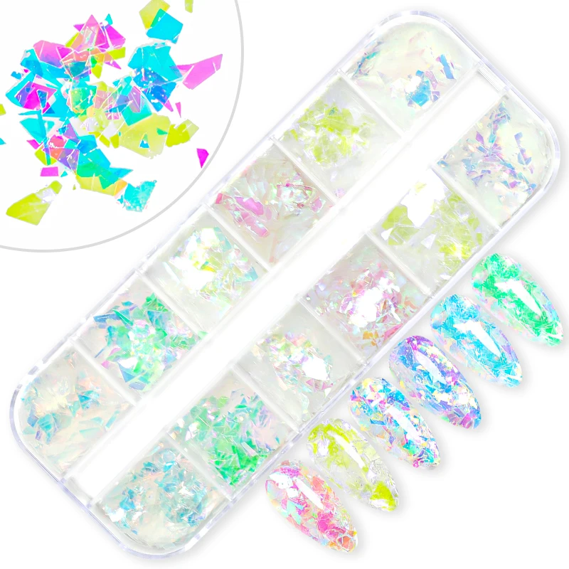 12 Grids Irregular AB Mermaid Nail Sequins Iridescent White Flakes Maple Snow Butterfly Heart Pailliette Glitter For Nails Tools