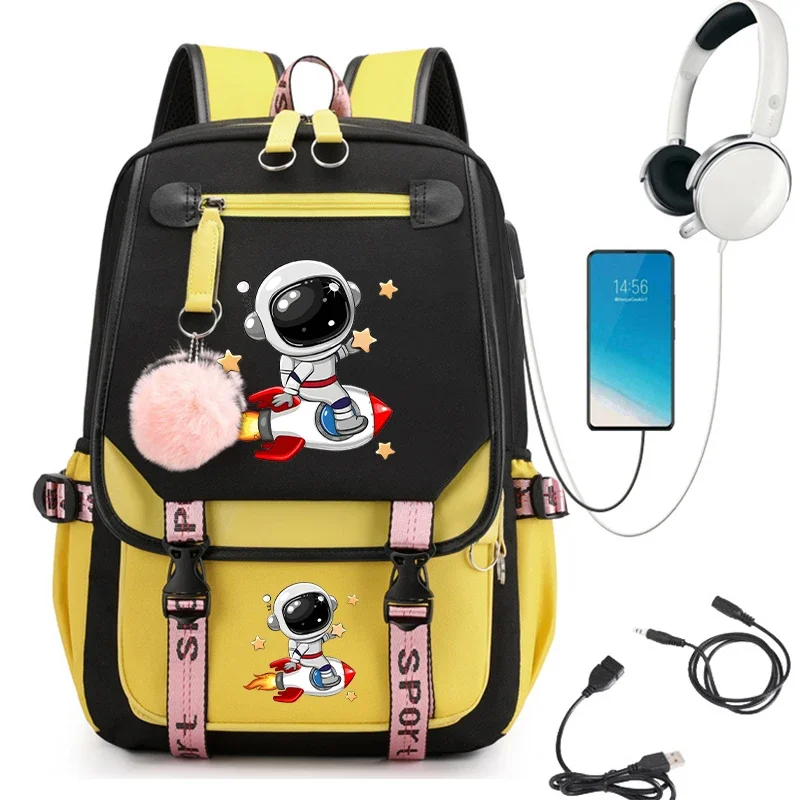 

Astronaut Print Schoolbag College Students Bookbag Black Pink School Bags Usb Charging Backpacks Teenager Girls Backpack Mochila