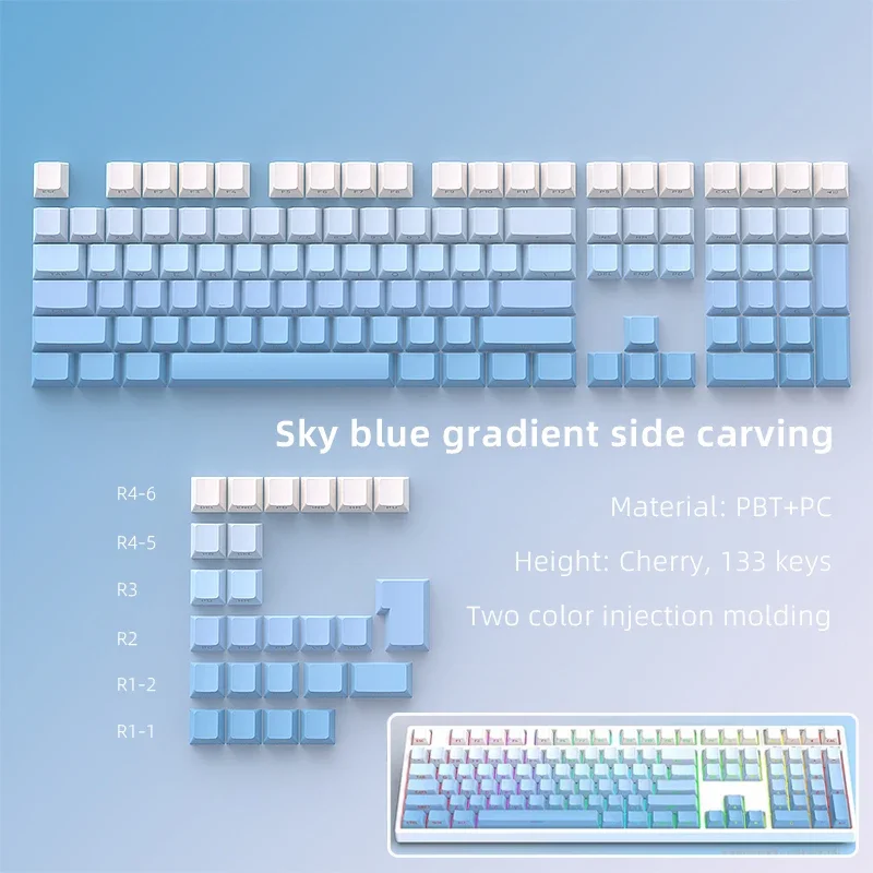 

Gradient Blue Side Printed Keycaps Cherry Profile Double Shot Translucent Keycaps 136 Keys for MX Switches Gaming Keyboard Caps