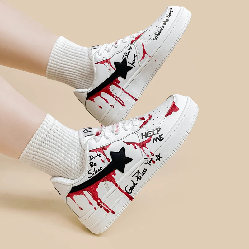 Amy and Michael Original Design Women Fashionable Tendy Flat Casual Sneakers Tennis Female Individual Hand-painted Shoes Low Top