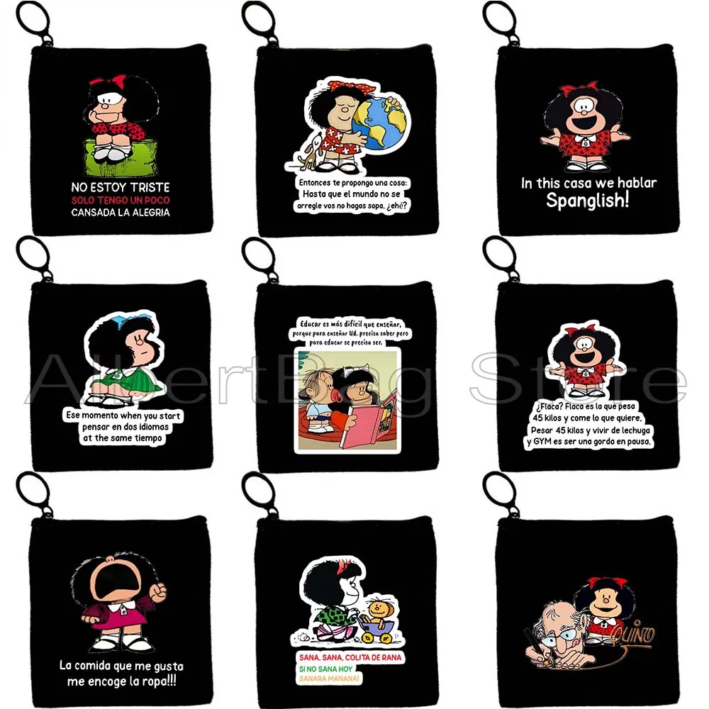 Funny Love Quotes Phrases Spanish French Mafalda Quino Comics Kawaii Cartoon Girl Kid Gifts Key Coin Purse Case Bag Wallet Pouch