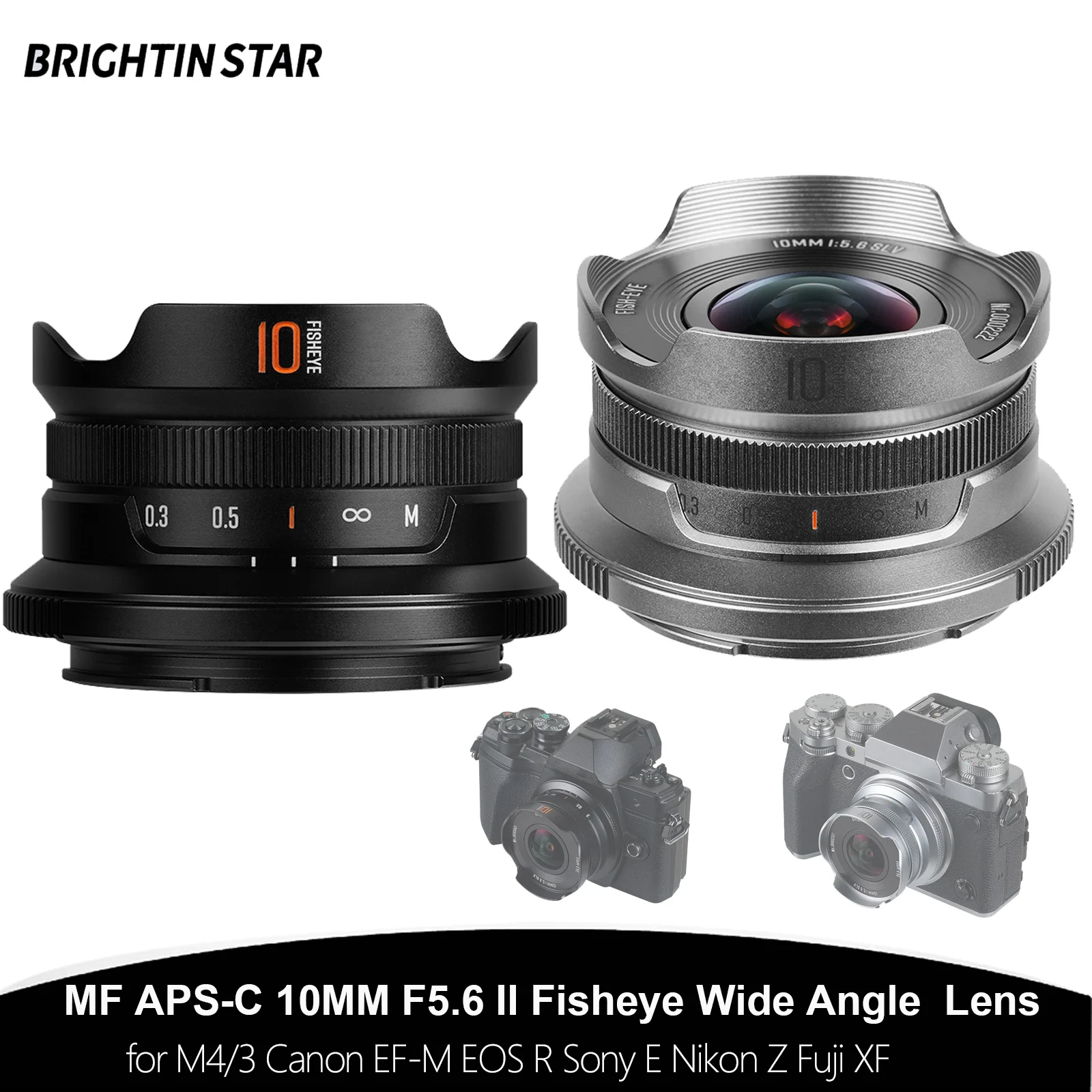 Lente Ojo de Pez Gran Angular Brightin Star 10mm F5.6 II APS-C para M4/3 Canon EF-M EOS R Sony E Nikon Z Fuji XF A6700 ZV-E10 XM5 XM4