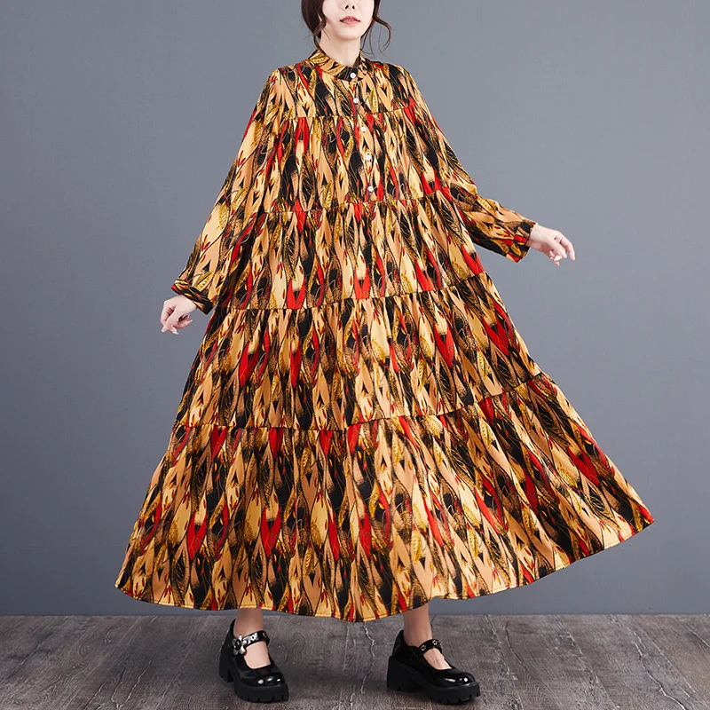 #6780 Spring Vintage Printed A-line Long Shirt Dress Women Stand Collar Buttons Office Retro Split Joint Tiered Ankle-length