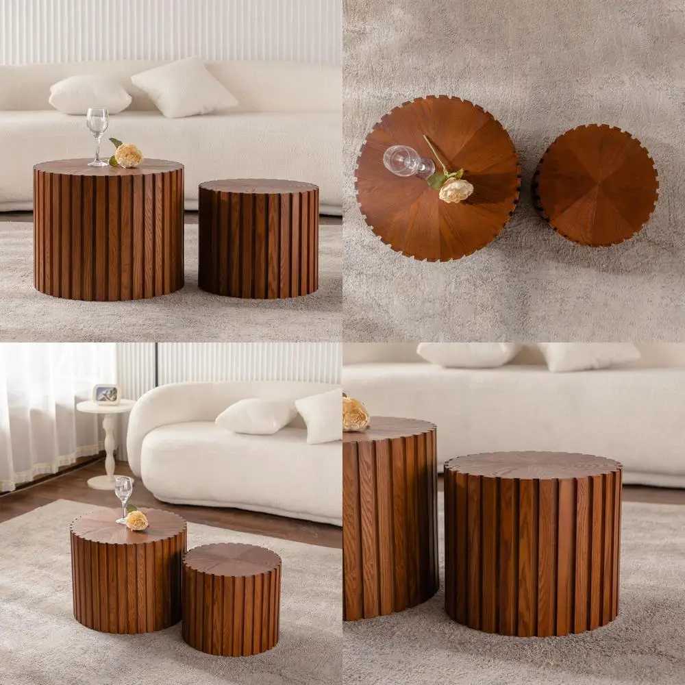 

Modern Walnut Nesting Coffee Table Set - 2 Piece Wave Stripe Accent Tables