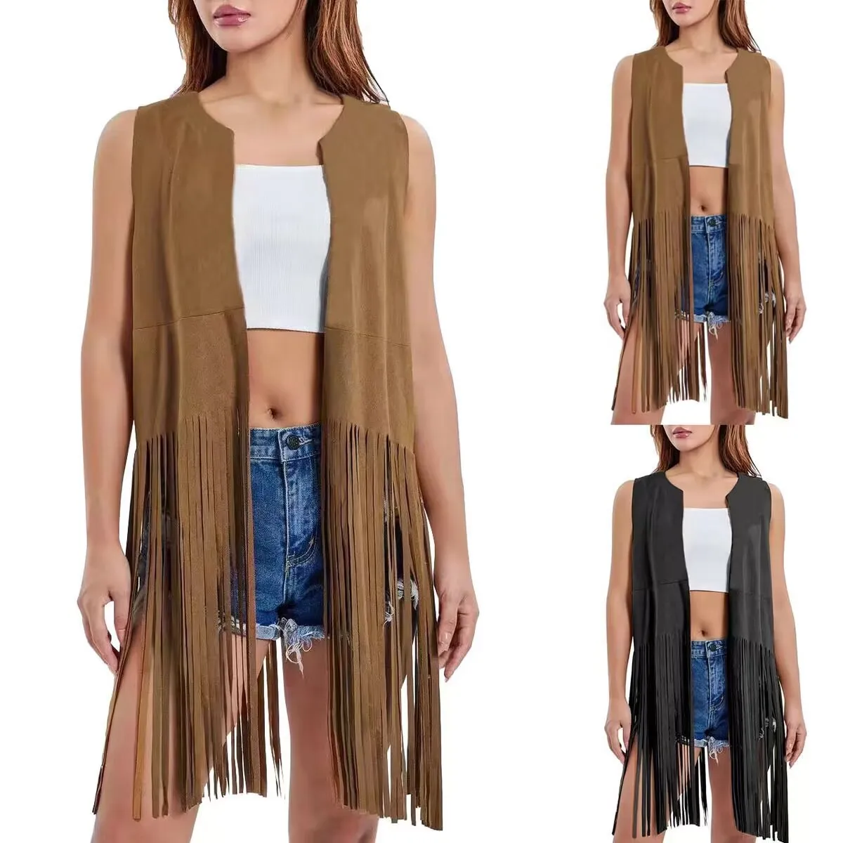 Women Fringed Cardigan Solid Color Thin Vest Sleeveless Coat