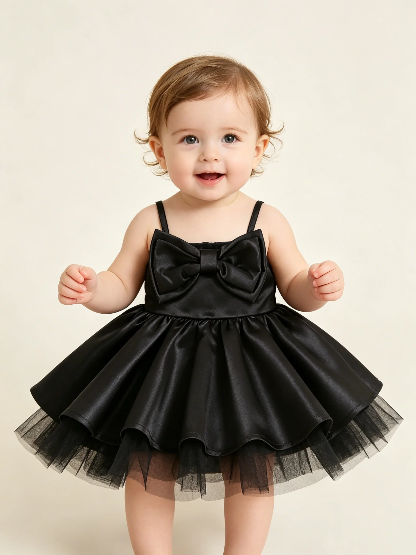 Baby Girl Solid Color Strap Puff Dress Children's Netting Princess Dress One-Year-Old Baby's First Birthday Party Dress
