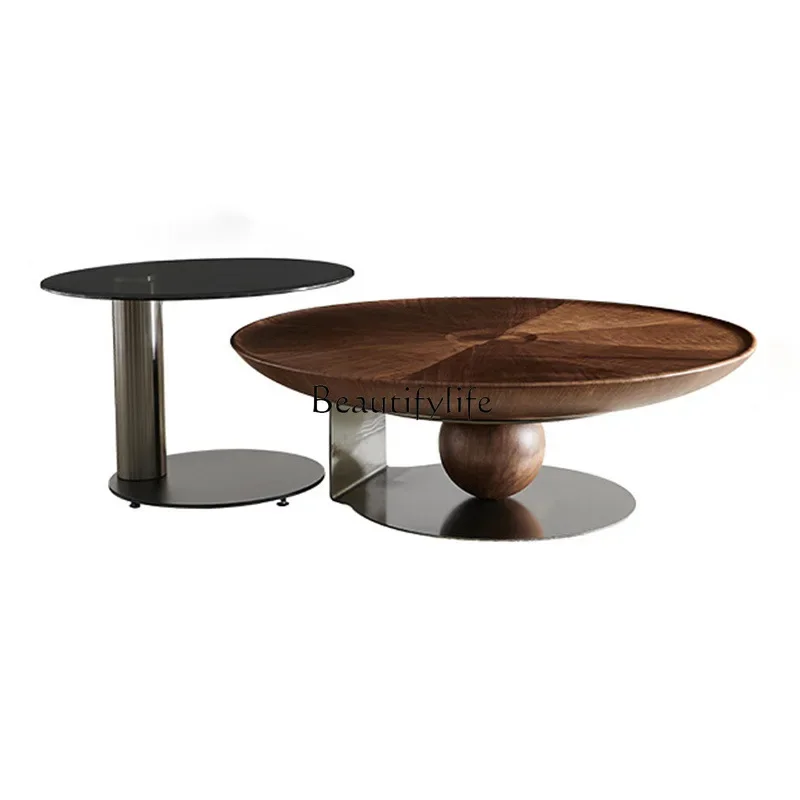 

ls 04Medieval walnut round coffee table solid wood high-end side table combination