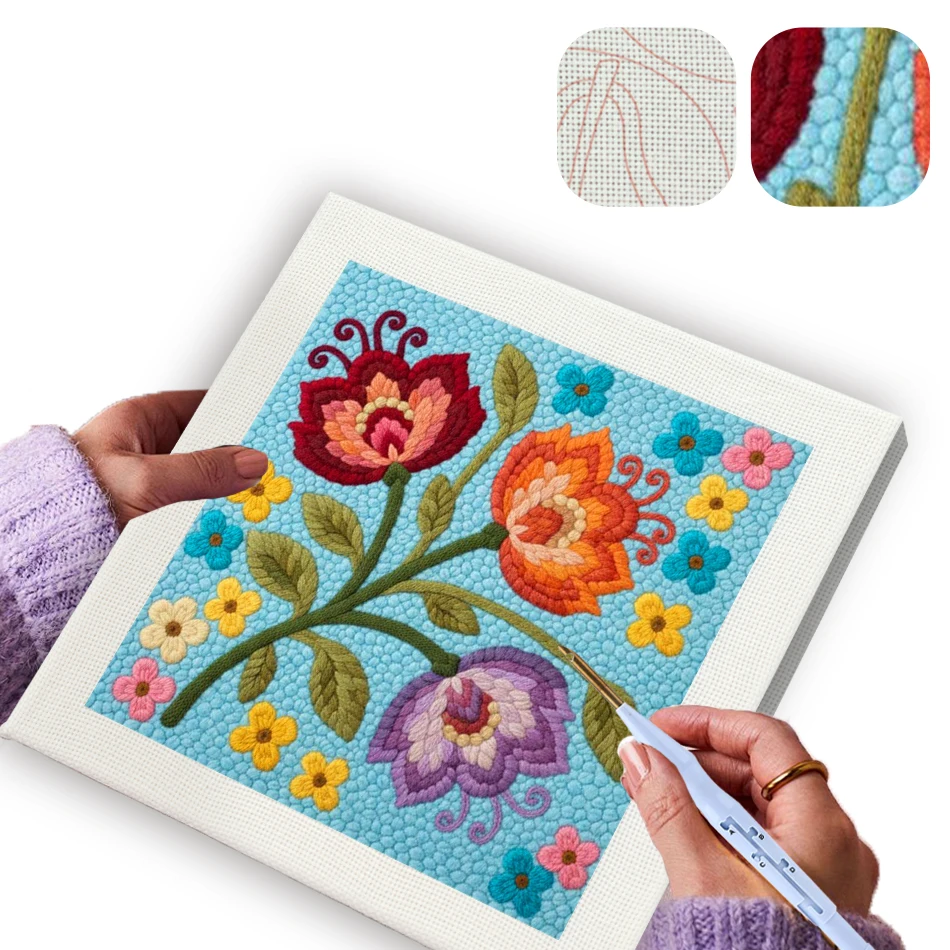

GATYZTORY punch needle embroidery For Beginner Ice Blue flowers 25x25cm wooden embroidery hoops Cross stitch kits diy Decorative