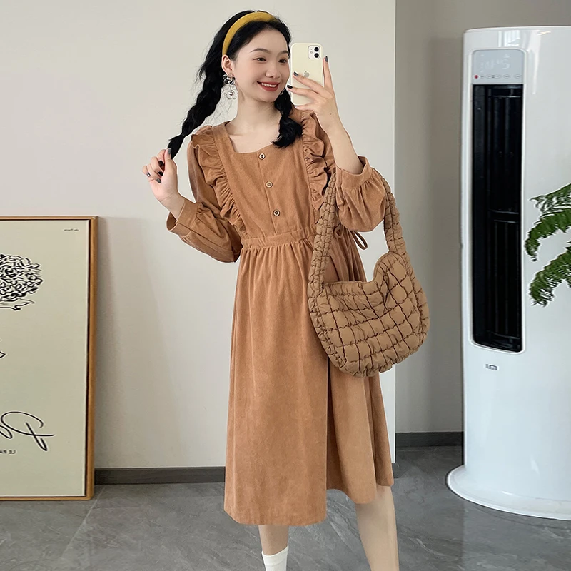 2024 Autumn Korean Style Maternity Corduroy Dress Long Sleeve Square Collar Ruffles Patchwork Pregnant Woman Drawstring Dresses