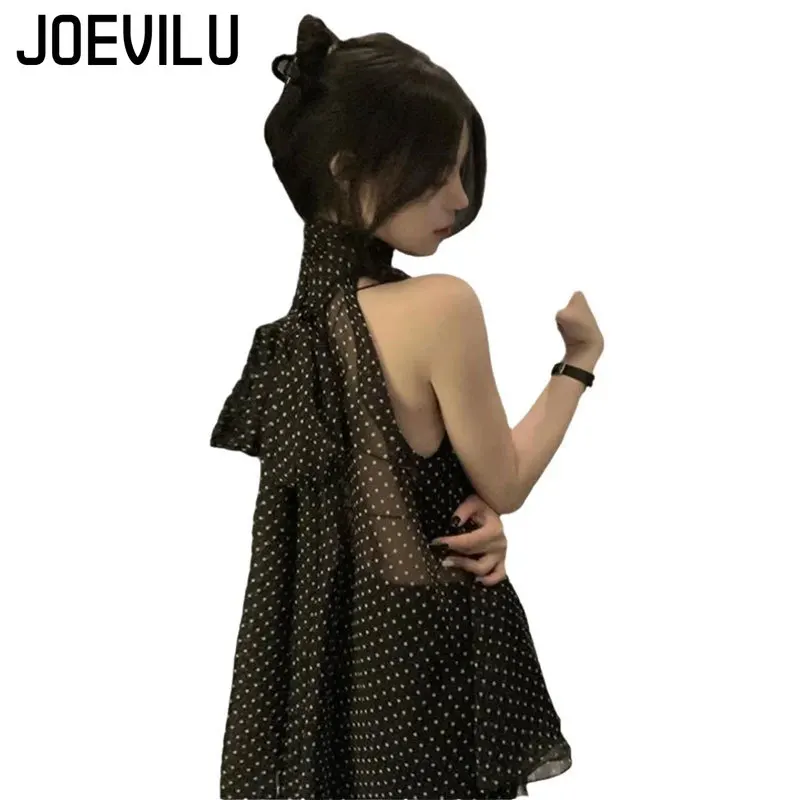 JOEVILU Sleeveless Lace Up Halter Chiffon Shirts Sheer Sun Protection Cover-Up Loose Casual Bow Tie Blouse Women's Sexy Tops