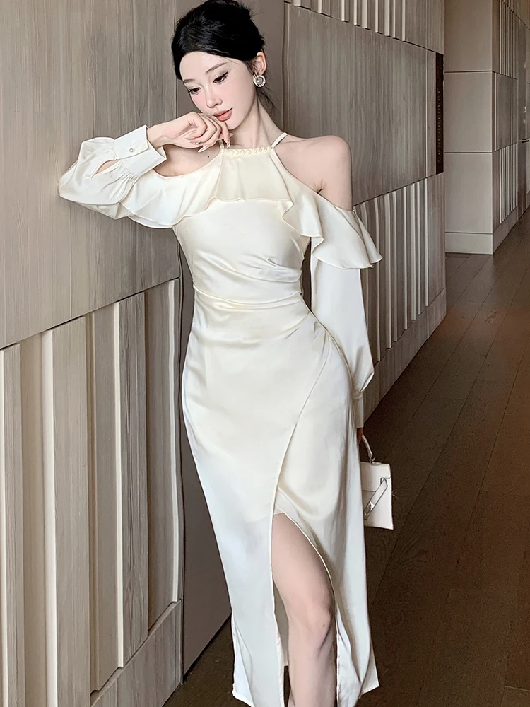 Autumn Winter White Satin Ruffled Neck-mounted Sexy Dress Women Elegant Luxury Evening Dress 2025 Korean Vintage Bodycon Dresses