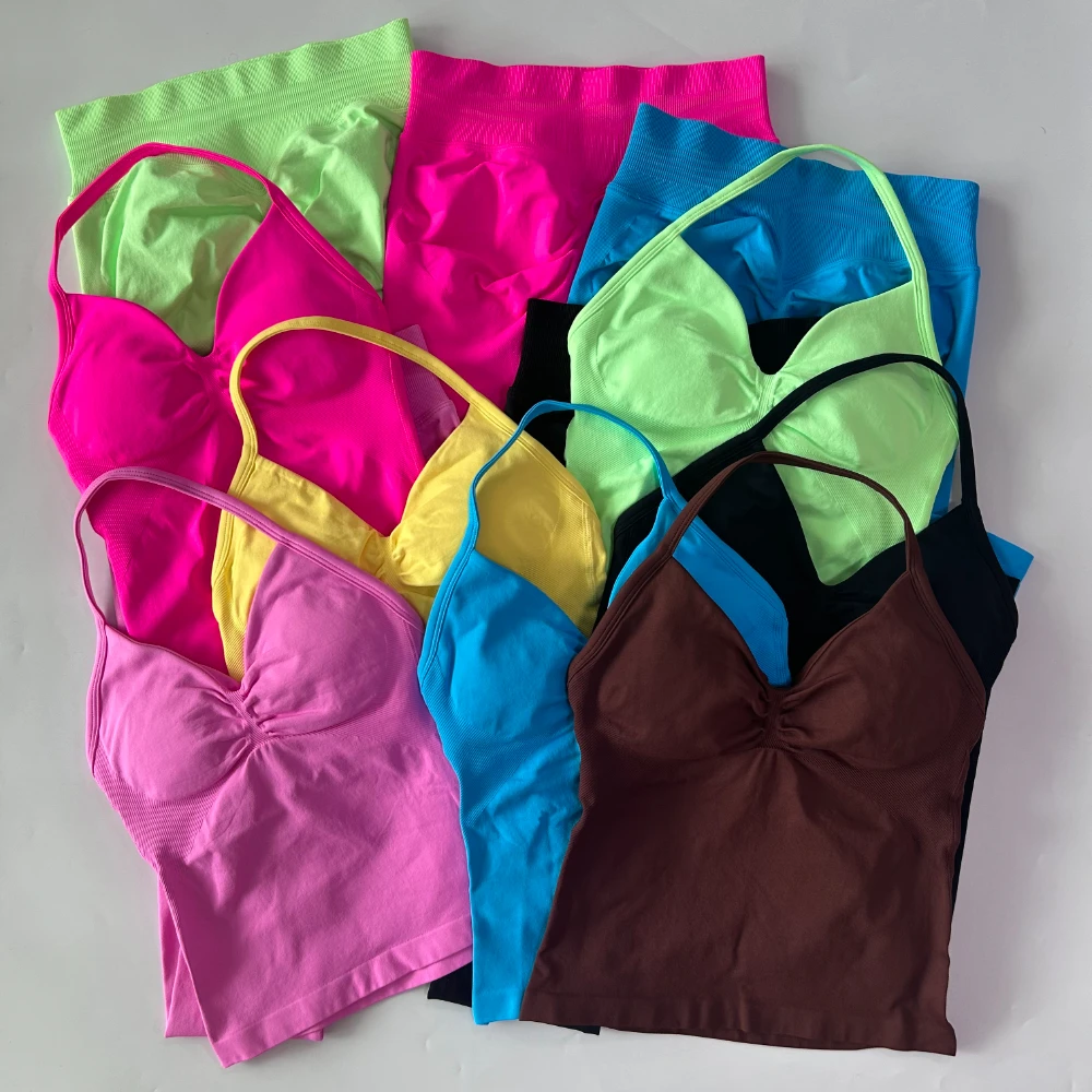 Бесшовный спортивный комплект без логотипа, женские топы на бретелях с высокой талией, леггинсы для йоги, одежда для фитнеса, комплекты для тренировок, спортивный костюм, спортивная одежда