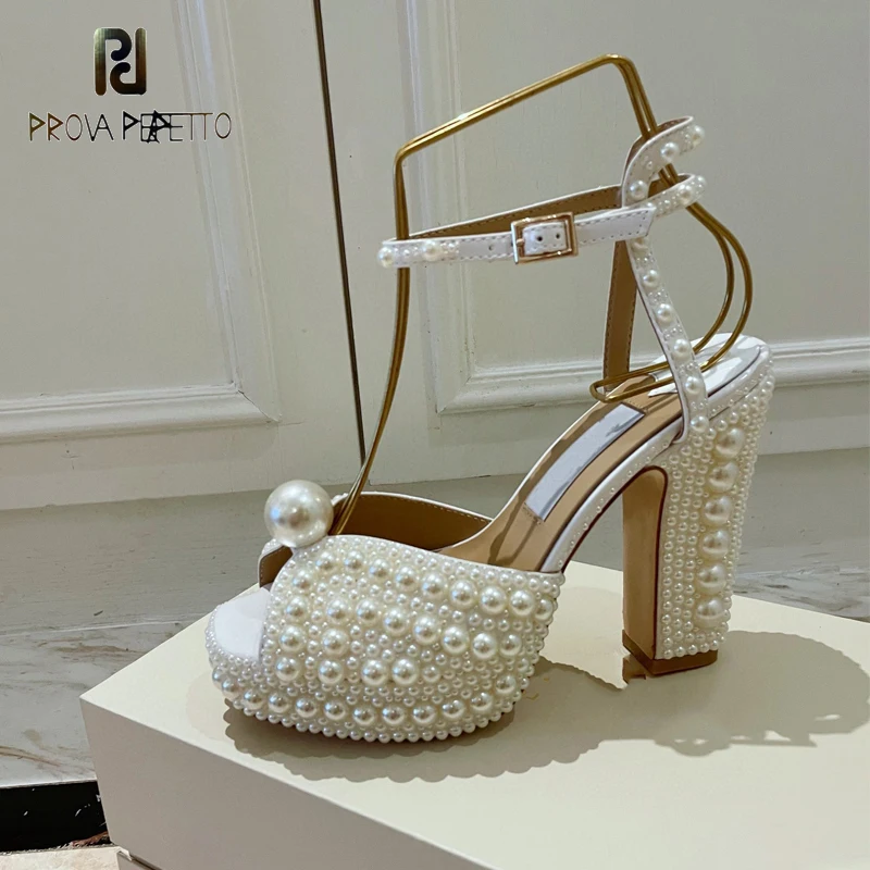 Pearl Sandal Shoes for Women Full Pearls Chunky High Heel Wedding Ankle Strap Sandal Shoe Peep Toe Sexy Summer Runway Shoe