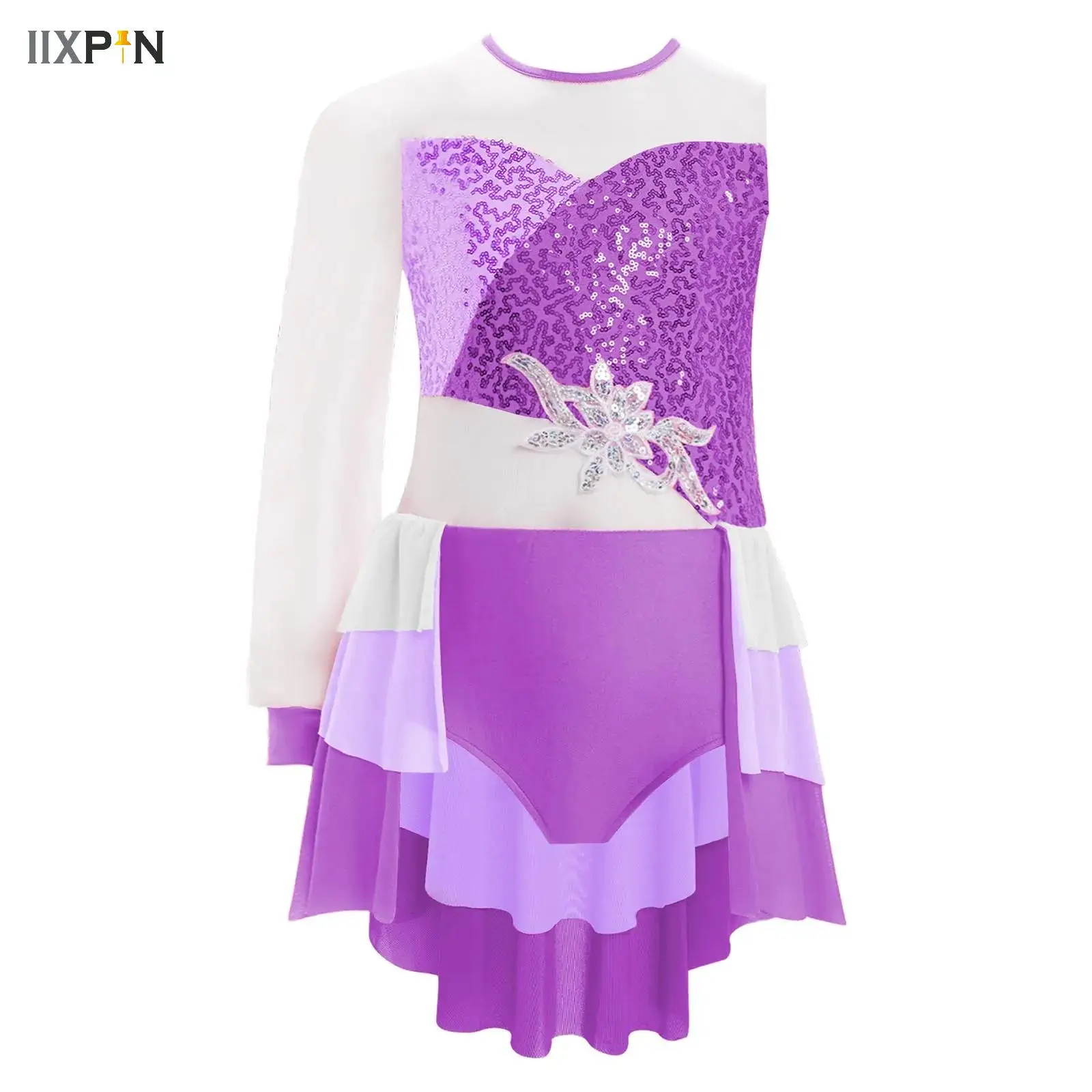 

Kids Girls Color Block Figure Skating Lyrical Ballet Dance Costume Cutout Back Sheer Mesh Tiered Ruffled Skirted Leotard Stage