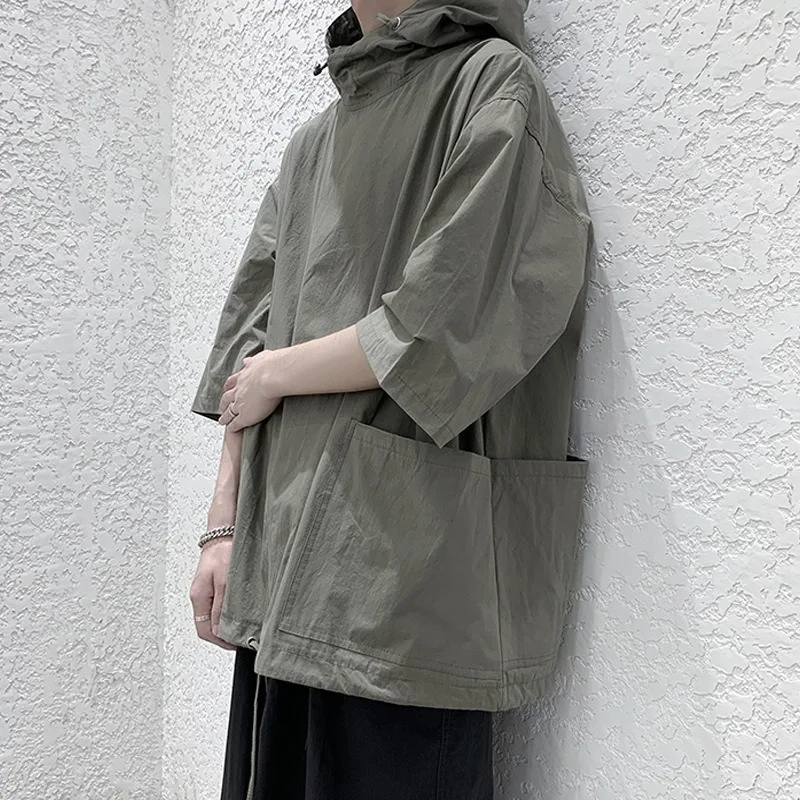 Summer New Loose Short Sleeved Hooded T-shirt Men's Korean Fashion Solid Large Pocket Super Large