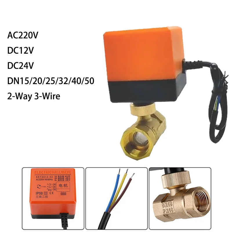 Válvula de bola de rosca eléctrica de latón Ac 220V DC 12V, solenoide de agua de 2 vías y 3 cables con actuador DN15/DN20/DN25/DN32