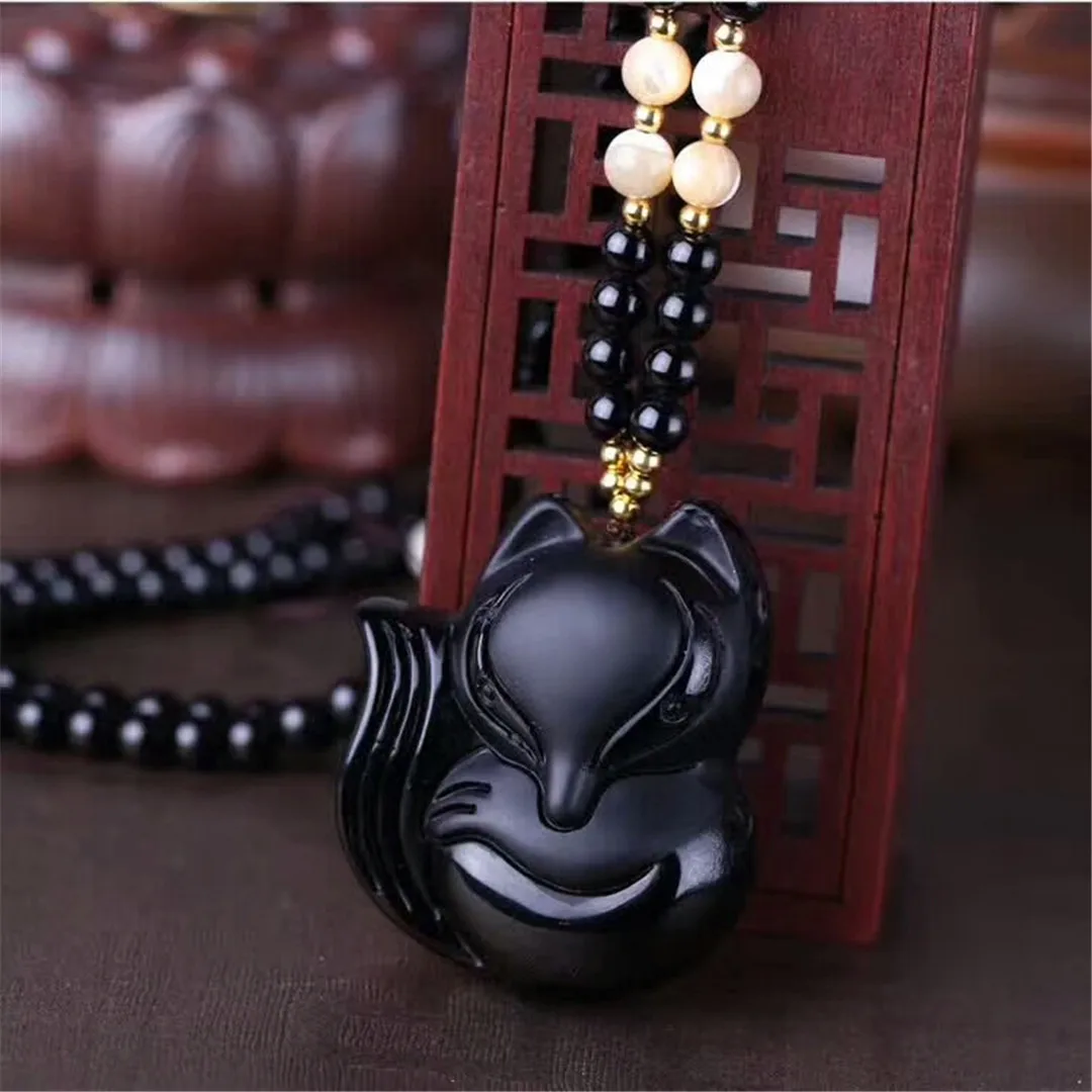 Natural Black Obsidian Pendant Necklace Fox Carved For Woman Men Gift Crystal 45x40x13mm Beads Stone Jewelry Rope Chains AAAAA