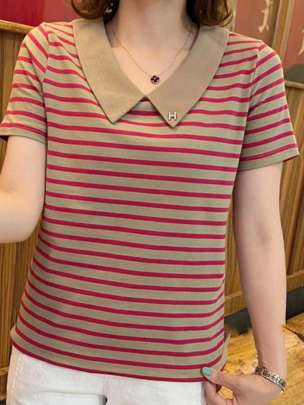 Summer New Pure Cotton Casual ort Sve Turn-down Collar Striped Top for Mom Middle-aged Women Breathable Sweat Absorbent