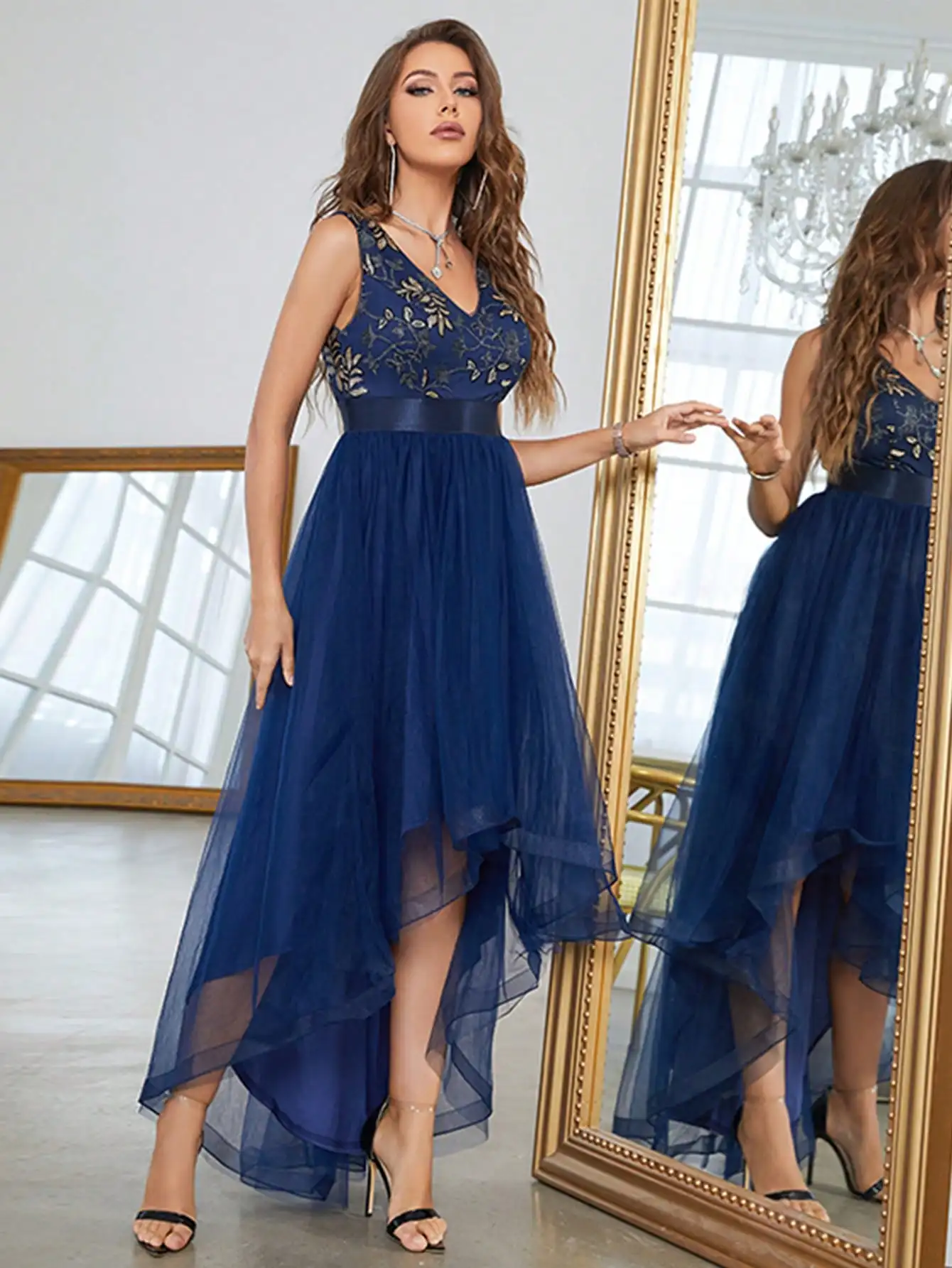 Mgiacy V-neck sequin embroidered front short back long net elegant evening gown ball dress Party dress Bridesmaid dress