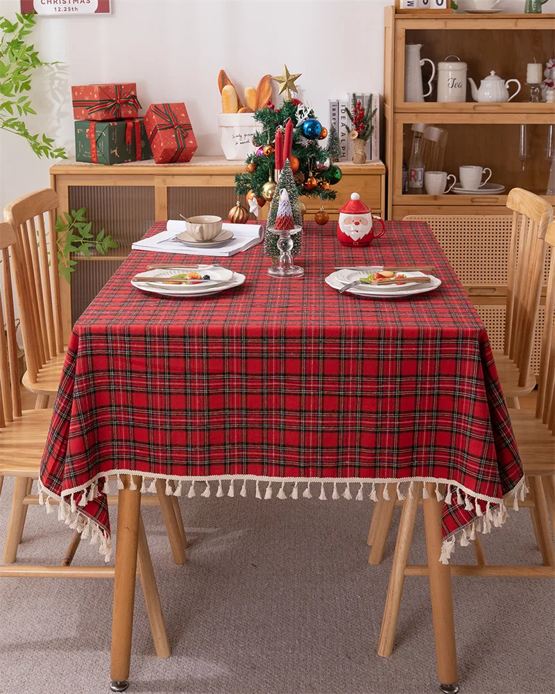 Christmas Decoration Red Plaid Tablecloth Color Woven Polyester Cotton Red Green Table cover for Home Party Dining Decor