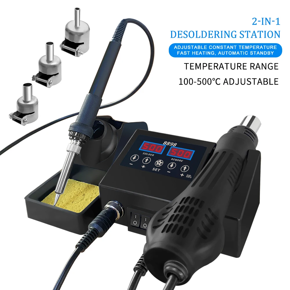 8898 SMD Rework Soldering Station 2 in 1 Soldering Iron Portable Hot Air Gun Blower Heat Gun Desoldering VS 8586D 8586 Welding