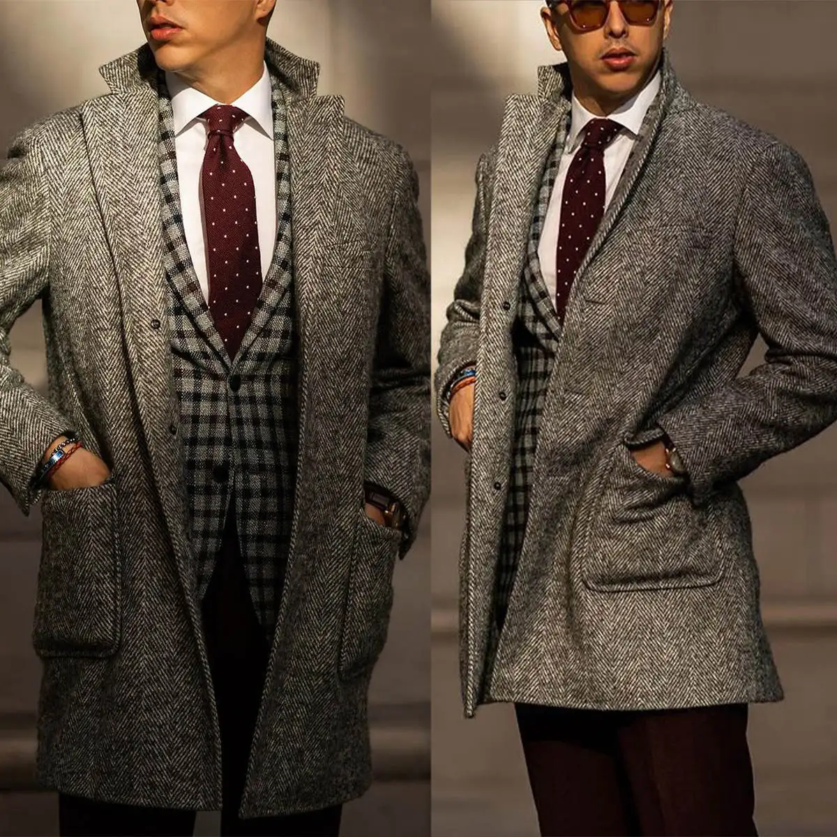 Customized Herringbone Wool Blend Coat Men Long Overcoat Double Breasted Winter Groom Business Formal Wear One Piece