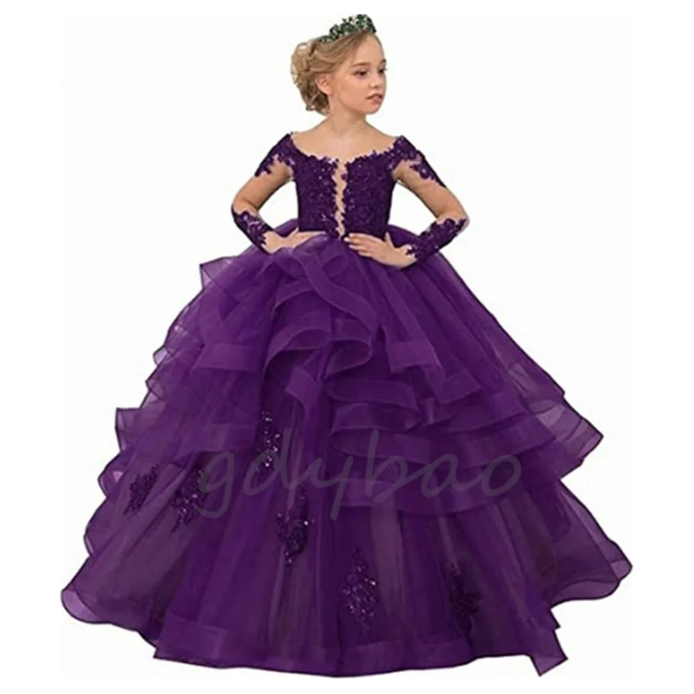 Vestido de cumpleaños de manga larga para niña, vestido de encaje verde para niña de flores, vestido de fiesta de boda, vestidos de princesa para niña de Navidad, primera comunicación